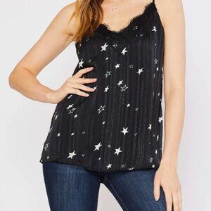 Star print lace detail front woven tank top